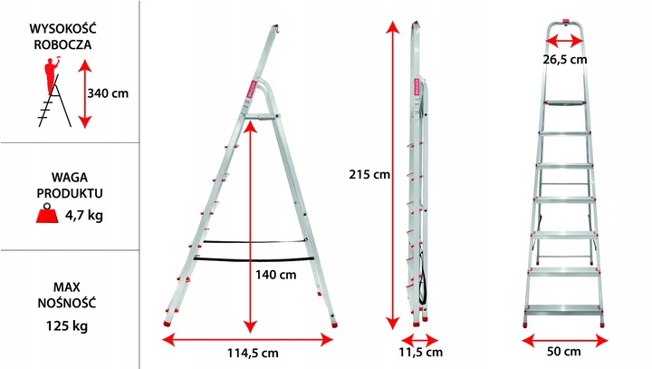 Drabina aluminiowa domowa 7 stopniowa składana BAULICH hak i stopki GRATIS!