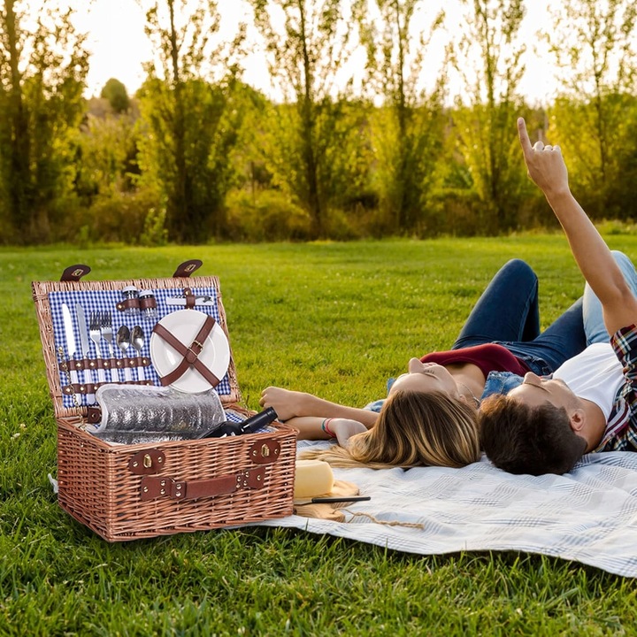 Kosz piknikowy termiczny wiklinowy wyposażenie sztućce talerze 2 osób zesta