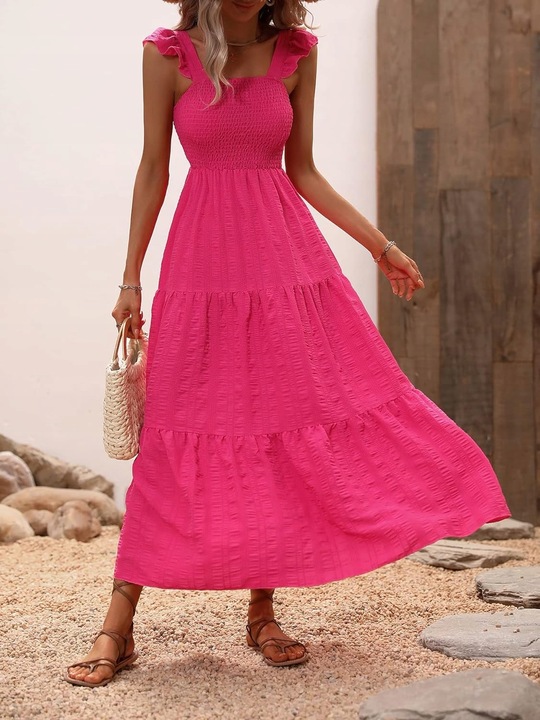 LETNIA SUKIENKA LUŹNA CODZIENNA MAXI RÓŻOWA MARSZCZENIA KOBIECA NA PLAŻĘ