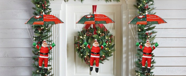 Mikołaj Ze Spadochronem LED 60cm Ozdoba Świąteczna 8 Trybów Dekoracja