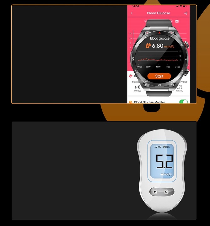 SMARTWATCH ZEGAREK TEMPERATURA CIAŁA POMIAR CUKRU GLUKOZA 3 PASKI HRV EKG