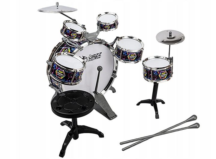 PERKUSJA DUŻA DLA DZIECI ZESTAW 6 BĘBNÓW 2 TALERZE TABORET ZABAWKA MUZYCZNA