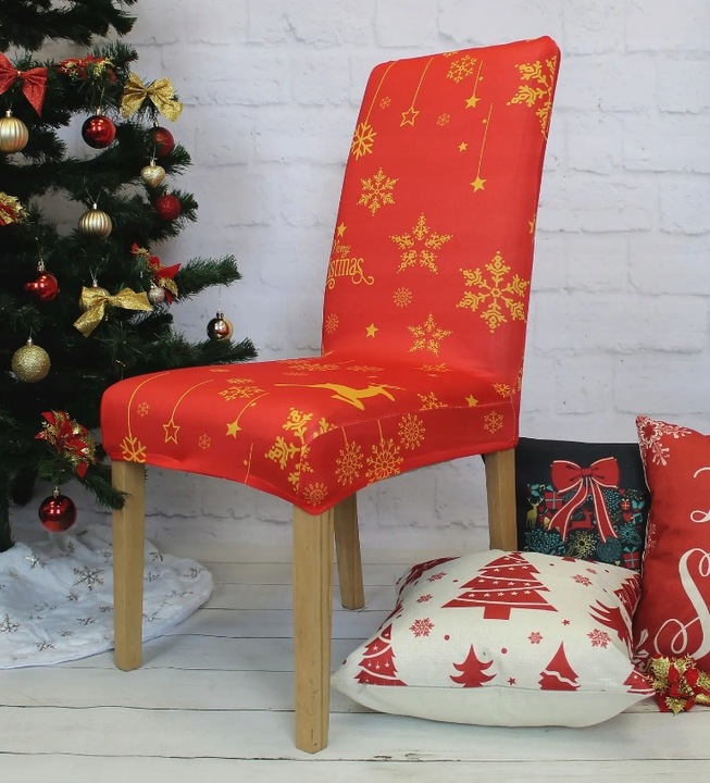 ZESTAW 6 SZT POKROWIEC NA KRZESŁO CZERWONY ŚWIĄTECZNE WZORY ELASTYCZNY UNIW