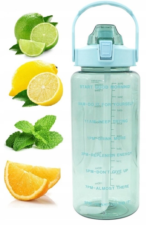 BUTELKA NA WODĘ BIDON Z MIARKĄ ZE SŁOMKĄ PRZYPOMNIENIEM SIŁOWNIA FITNESS 2L