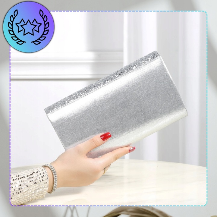 Srebrna Torebka Kopertówka Błyszcząca Wizytowa Damska portfel łańcuszek