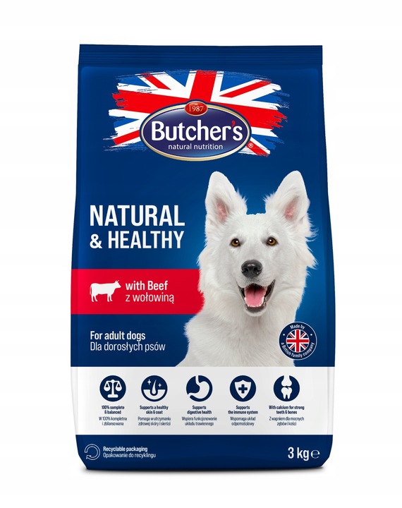 Sucha karma dla psa Butchers wołowina 3kg z witaminami lśniąca sierść skóra