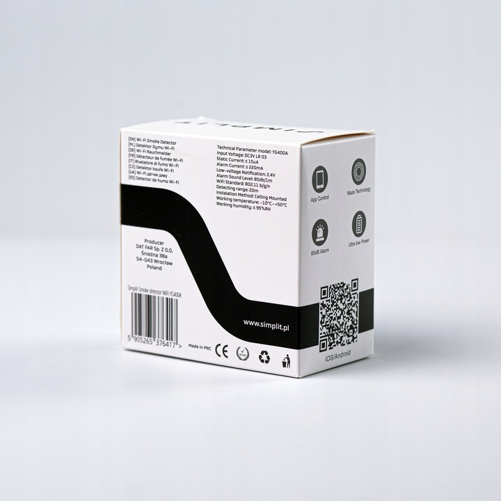 CZUJNIK DYMU DETEKTOR OGNIA WIFI ALARM BEZPRZEWODOWY CZUJKA TUYA SIMPLIT