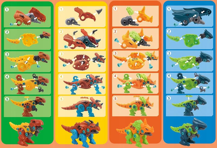 Klocki konstrukcyjne DINOZAURY do skręcania ZESTAW z wkrętarką śrubokrętem