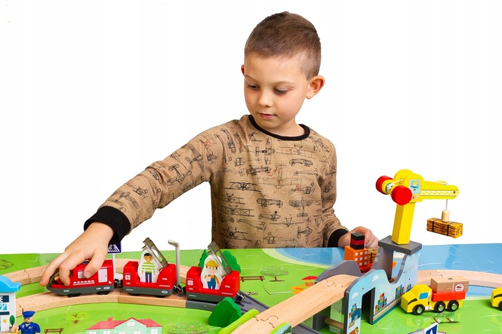 OGROMNA DREWNIANA KOLEJKA ELEKTRYCZNA 2x POCIĄG na baterie TOR MIASTO DŹWIG