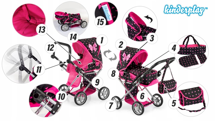 WÓZEK DLA LALEK GŁĘBOKI SPACERÓWKA GONDOLA 3w1 KINDERPLAY TORBA POŚCIEL