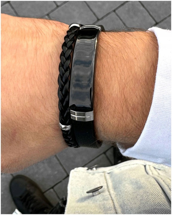 Bransoletka męska SKÓRZANA z GRAWEREM czarna STAL prezent + GRAWER GRATIS