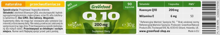 Greenfood Koenzym Q10, 200 mg czystego Q10 (!), 90 kapsułek, wegański.