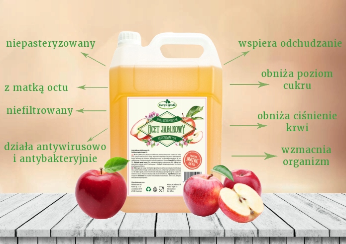 Ocet Jabłkowy Naturalny ŻYWY Niefiltrowany Zdrowy / 5 l Dary Ogrodu