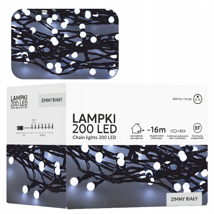 Lampki Choinkowe 200LED Kulki Zimny Białe na Choinkę Oświetlenie 16 M
