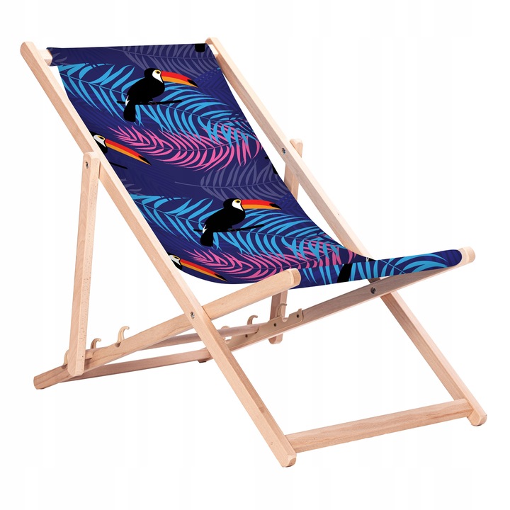 Leżak Drewniany Plażowy z Nadrukami Tukany Bukowe Leżaki KN140