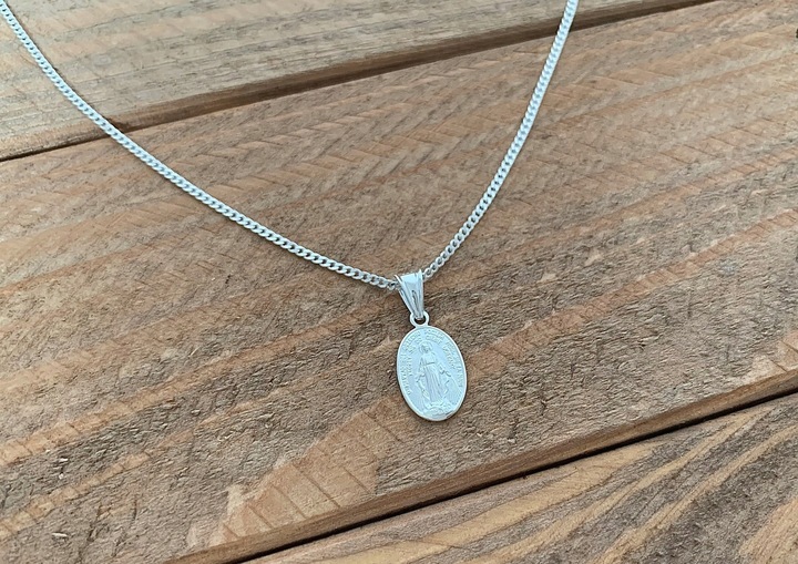 Srebrny łańcuszek 50 cm medalik Cudowny Matka Boska prezent komunia chrzest