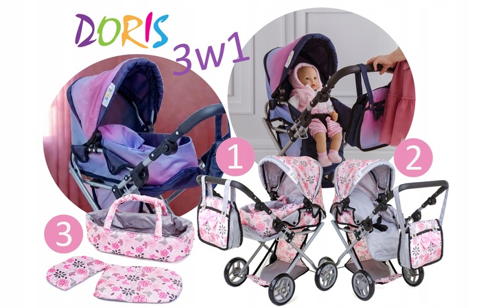 Doris WÓZEK DLA LALEK 3w1 głęboki spacerowy TORBA TOREBKA przewijak