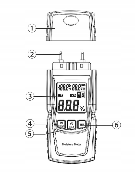 WILGOTNOŚCIOMIERZ MIERNIK WILGOTNOŚCI DO DREWNA 4 GRUPY POMIARU 9V+ BATERIE