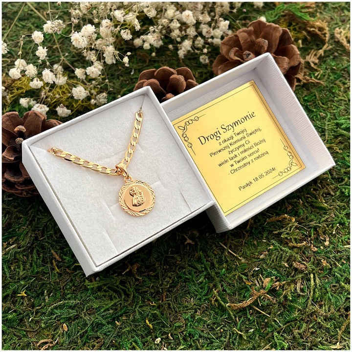 ZŁOTY ŁAŃCUSZEK PANCERKA + MEDALIK MATKA BOSKA 18K STAL CHIRURGICZNA GRAWER
