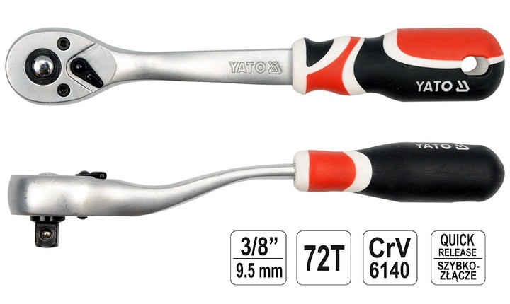 YATO ZESTAW GRZECHOTEK 3 SZTUKI 1/4" 3/8" 1/2" WYGIĘTA QUICK RELASE 72 ZĘBY