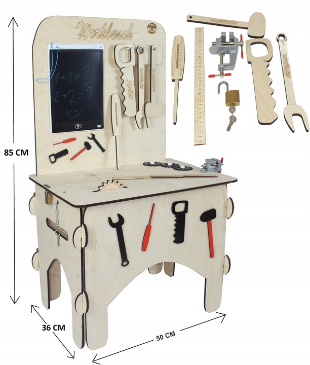 Drewniany warsztat majsterkowicza tablet kłódka imadło schowek piła POLSKI!