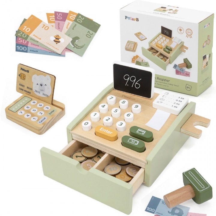 Drewniana kasa sklepowa PolarB w kolorze zielonym z terminalem i gotówką