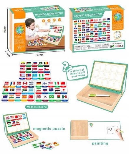 Puzzle Magnetyczne Edukacyjne Flagi Nauka i Zabawa 45 kart Państwa Świata