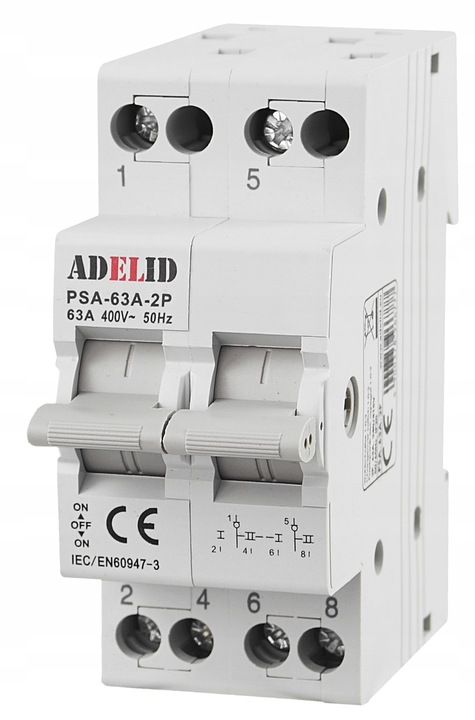 PRZEŁĄCZNIK WYBORU ZASILANIA SIEĆ-AGREGAT INSTALACYJNY 2P 63A 1-0-2