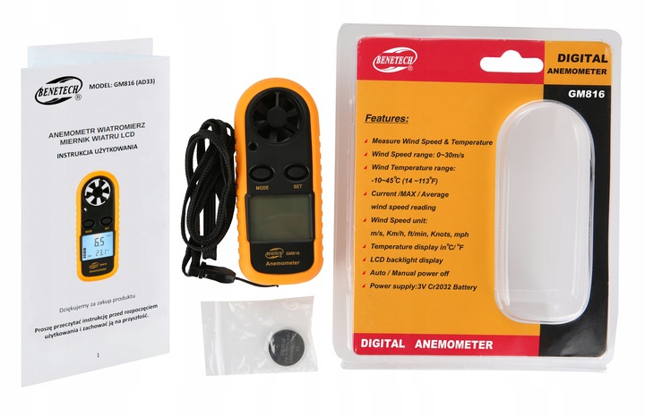 Anemometr Wiatromierz Miernik Prędkości Wiatru i Pomiar Temperatury LCD