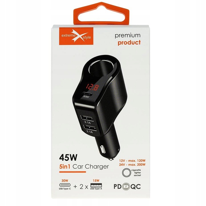 Ładowarka samochodowa z szybkim ładowaniem - 45W i Woltomierzem