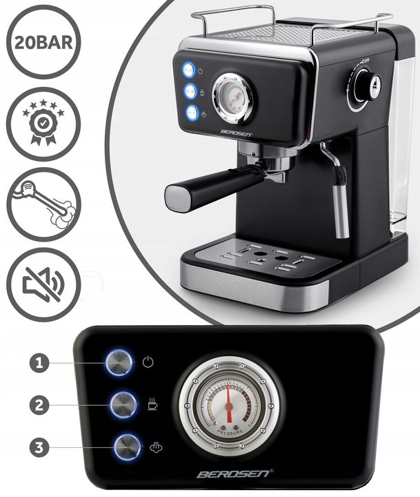 Ekspres do kawy ciśnieniowy kolbowy ze spieniaczem 20bar 1350W Berdsen