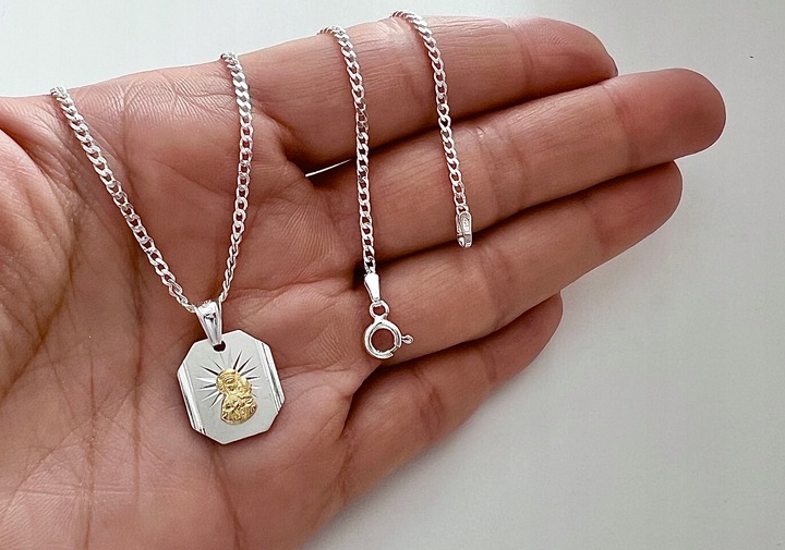 Srebrny łańcuszek 45cm pancerka medalik 925 pozłacana Matka Boska Komunia