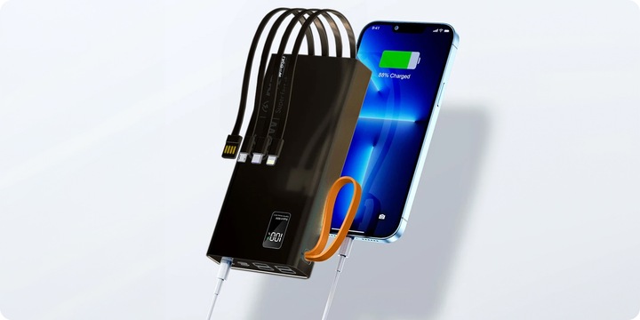 MOCNY POWERBANK 30000MAH 66W LATARKA LCD LED 4 USB USB-C + KABEL 3W1