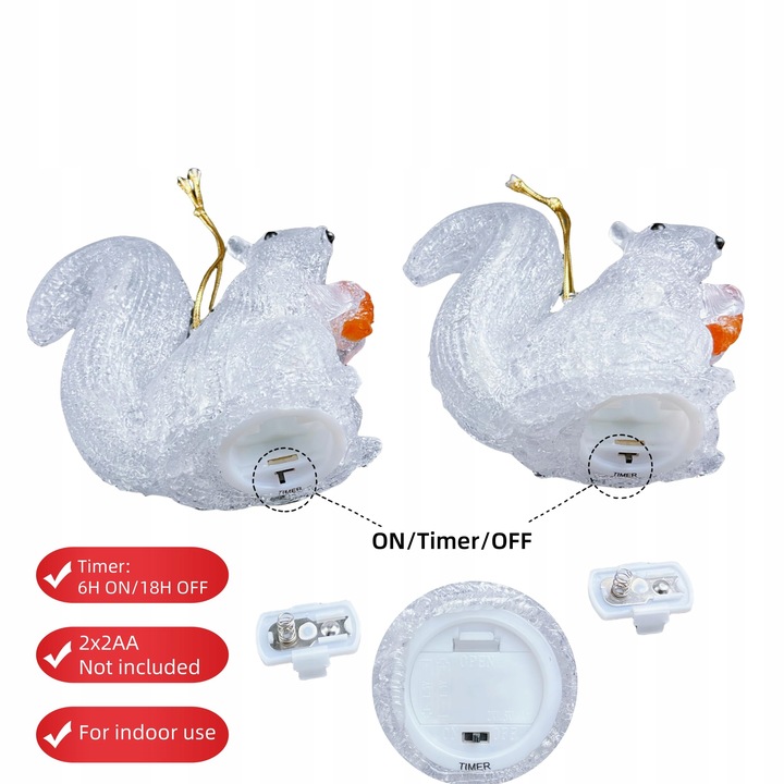 Lampki Choinkowe LED Akrylowe Wiewiórki 2 Sztuki na Boże Narodzenie Białe