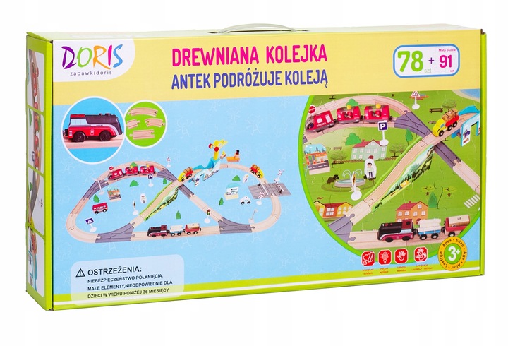 OGROMNA DREWNIANA KOLEJKA ELEKTRYCZNA 2x POCIĄG na baterie TOR MIASTO DŹWIG