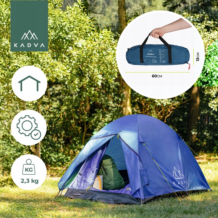Namiot kempingowy 2-osobowy KADVA Festa 2 niebieski OS KOPUŁOWA KONSTRUKCJA