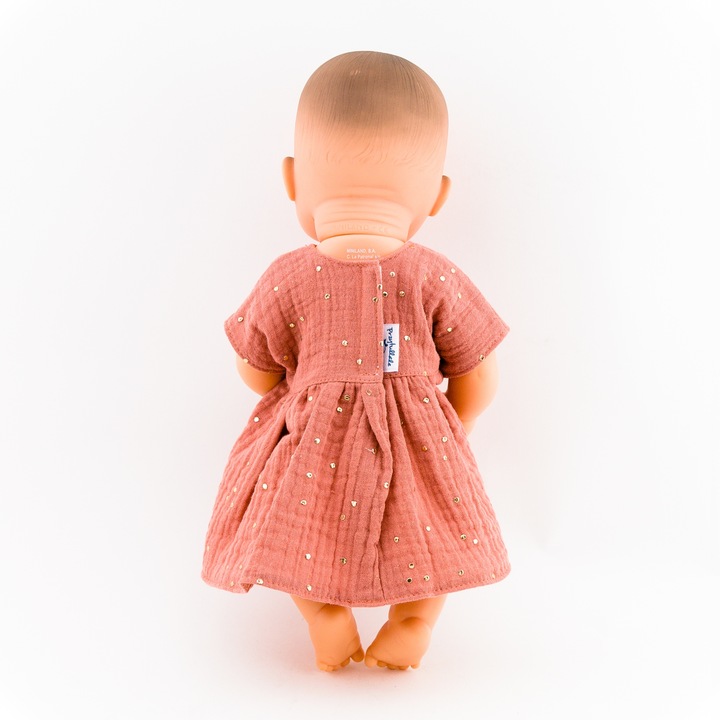 Sukienka dla lalki Miniland 32cm marsala złote kropki