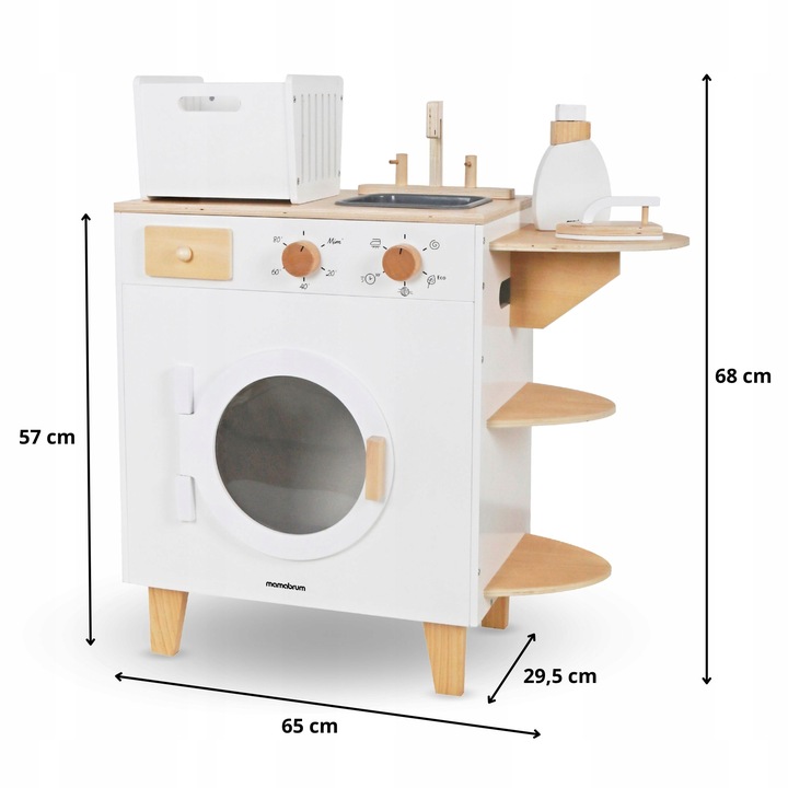 DREWNIANA PRALKA XXL - Z ŻELAZKIEM, KOSZEM, UMYWALKĄ - PRANIE MONTESSORI