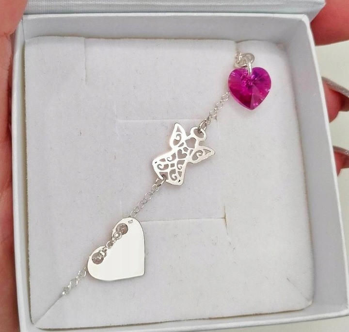BRANSOLETKA SREBRNA DZIECIĘCA ANIOŁEK I SERCE SWAROVSKI GRAWER SREBRO 925