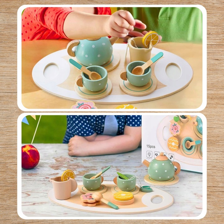ZESTAW DO HERBATY KAWY DLA DZIECI DREWNIANY SERWIS KAWOWY DO ZABAWY PREZENT