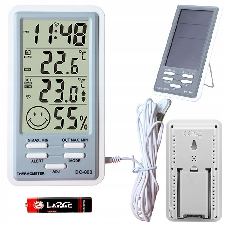 STACJA POGODY WEWNĘTRZNA ZEWNĘTRZNA HIGROMETR DATA ZEGAR TERMOMETR ALARM