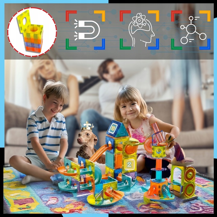 KLOCKI MAGNETYCZNE DUŻE 75 el Konstrukcyjne Świecące Dla Dzieci TOR KULKOWY