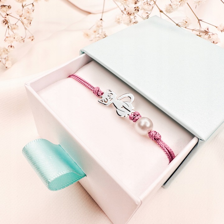 Bransoletka dla dziewczynki srebrna na sznurku kotek srebro 925 regulowana