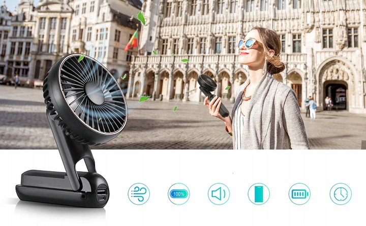 WENTYLATOR RĘCZNY MINI SKŁADANY 5 PRĘDKOŚCI NAWIEWU I 180° PRZENOŚNY CZARNY