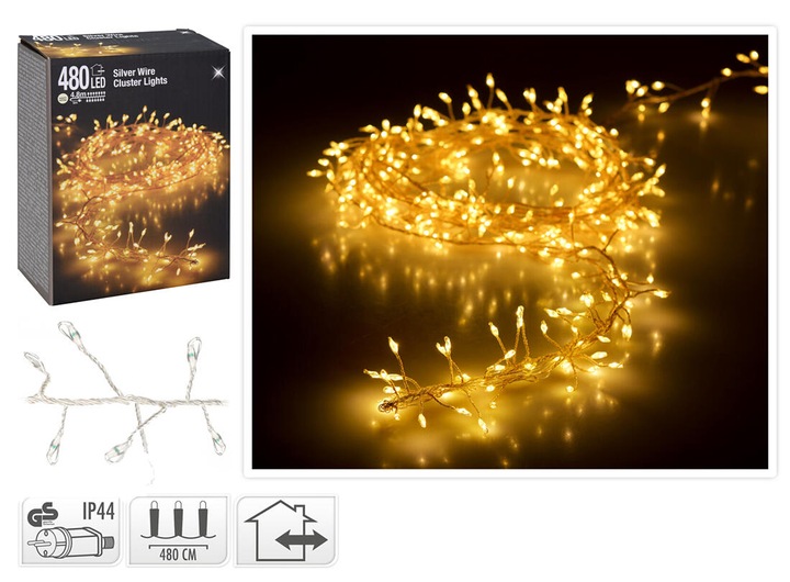 Lampki choinkowe 480 LED biały ciepły 4,8 metra CLUSTER RYŻ SREBRNY DRUCIK