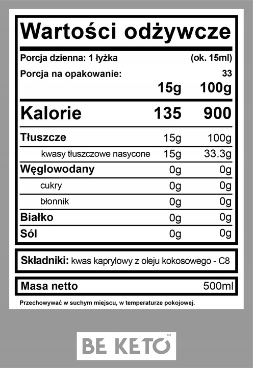 BeKeto Olej MCT 100% C8 500ml Skuteczna dieta Keto BE KETO