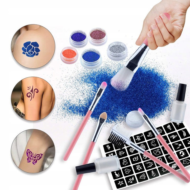 ZESTAW DO ROBIENIA TATUAŻY BROKATOWYCH SZABLONY ZMYWALNE BROKATY DLA DZIECI