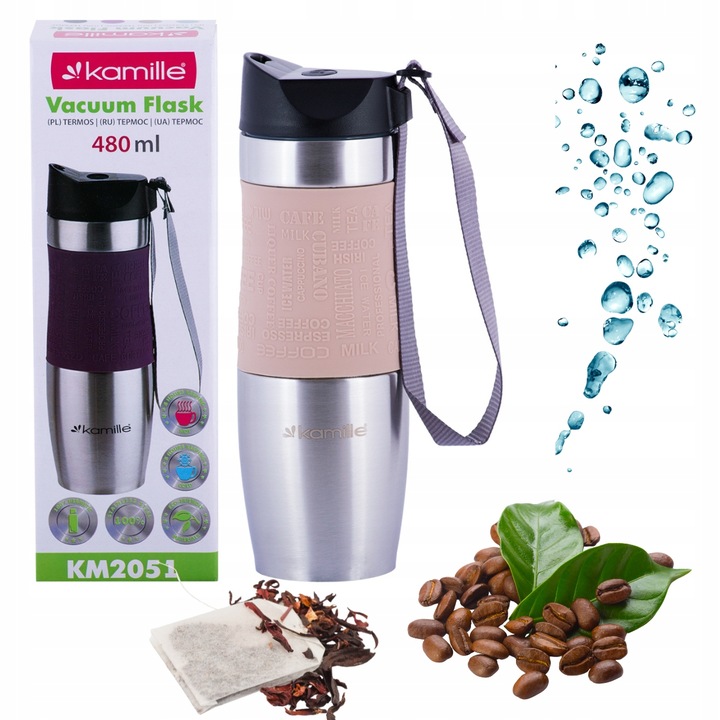 KUBEK TERMICZNY TERMOS STALOWY 100% SZCZELNY pojemny bidon KAMILLE 480 ml