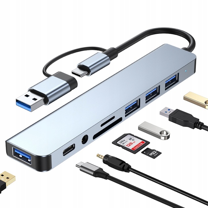 HUB ADAPTER UNIWERSALNY ROZDZIELACZ USB-C 8w1 CZYTNIK SD USB 3.0 AUDIO