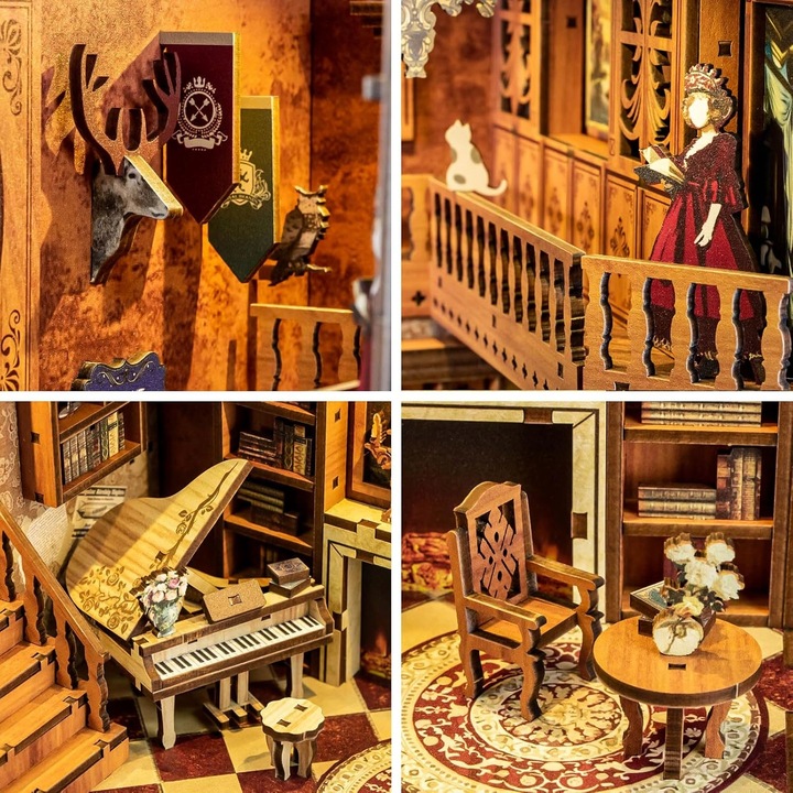 PUZZLE 3D PODPÓRKA DO KSIĄŻEK LED DIY MINIATUROWY DOMEK DREWNIANY BV02-003